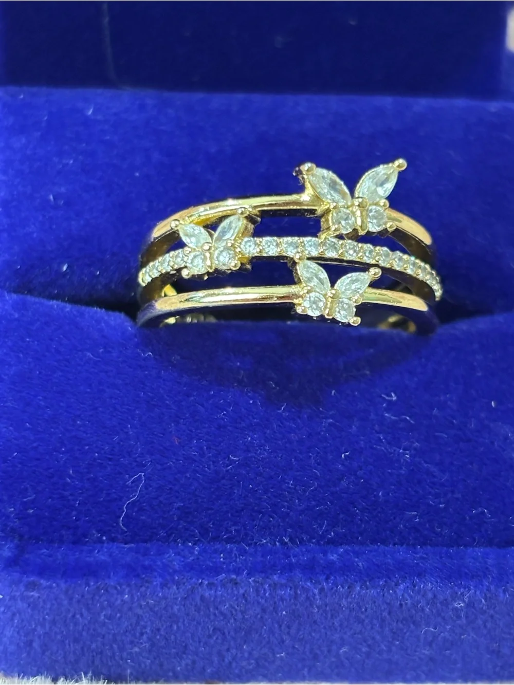18kt Gold filled Butterfly Triple-Row Ring with Clear Stones